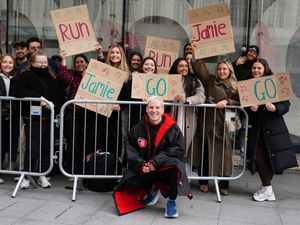 Jamie Laing poses for photos with supporters outside BBC Broadcasting House in London before his Red Nose Day run