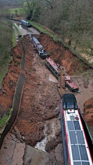 The scene in Whitchurch after a huge sinkhole swallows two narrowboats.