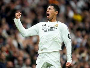 Jude Bellingham celebrates after scoring Real Madrid's second goal in a 4-0 win over Osasuna