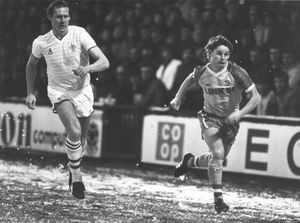 Gary Hackett makes a break down the flank in the 1986 FA Cup third round tie with Chelsea, which Shrewsbury lost 1-0