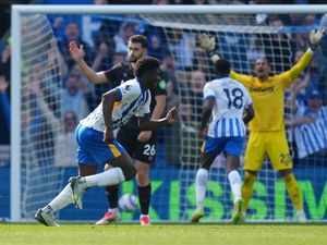 Carlos Baleba celebrates scoring the winner against West Ham