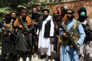 Taliban fighters pose for photograph in Kabul, Afghanistan