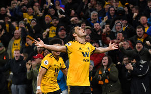Raul Jimenez of Wolverhampton Wanderers celebrates after scoring a goal to make it 1-1. (AMA/Sam Bagnall)