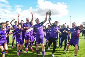 After the pitch had been cleared, Telford were able to lift the Southern Central Premier play-off trophy in front of the away end. Captain Luke Rowe graciously handed over the responsibility to his team-mates (Picture: Kieren Griffin Photography)