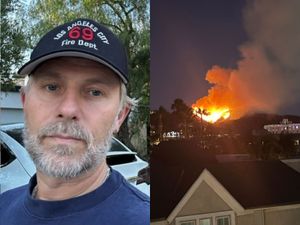 Composite image of a man wearing a black cap (left) and an image of a orange flames and smoke billowing in the air