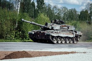 A Challenger main battle tank of Wiltshire based Royal Tank Regiment in action in southern Estonia whilst on Ex Hedgehog
