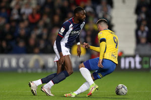 Semi Ajayi of West Bromwich Albion and Scott Hogan of Birmingham City. (Photo by Adam Fradgley/West Bromwich Albion FC via Getty Images).