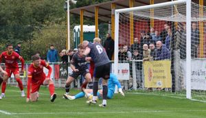 Alex Gudger converts to open the scoring for the Yeltz in Oxfordshire with his first Town goal. Pic: Steve Evans.