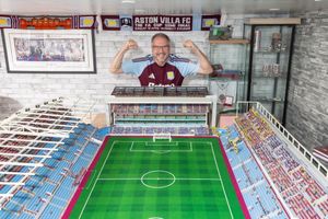 Aston Villa fan Alan Crampton with his 10ft 8ins x 7ft 7ins detailed Villa Park replica.