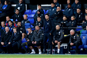 Ryan Mason and his staff watching on at Portman Road as Albion succumbed to a late winner. (Photo by Adam Fradgley/West Bromwich Albion FC via Getty Images)