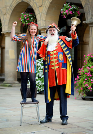 Shrewsbury town crier Martin Wood with Megan Hardiman  