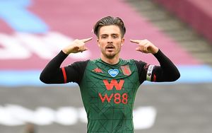 Aston Villa's Jack Grealish celebrates scoring against West Ham.