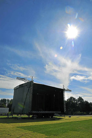 The T-Live stage in Telford Town Park is prepared for the weekend