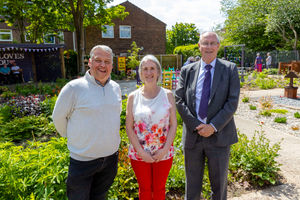 Councillor Richard Overton, Sharon Hanson, church secretary and Steve Mackay, Assistant Police and Crime Commissioner, at the opening of Dawley Christian Centre sensory garden