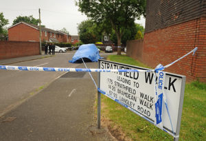 A police cordon covered Langley Road and Strathfield Walk, in the Merry Hill area, after the murder of Keelan Wilson on May 29