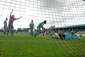 John Lamb of Bradford Park Avenue saves this late AFC Telford United chance