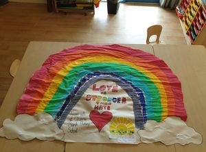 Children of Quarry Bank Primary School have painted their message of hope after a local Chinese takeaway was dubbed with racist graffiti. Photo: Quarry Bank Primary School