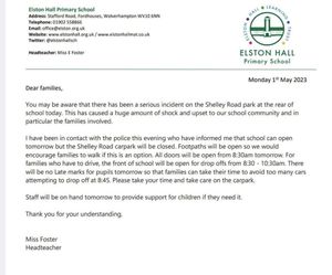 Elston Hall Primary School letter to parents