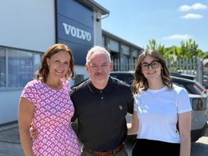 L-R Beth Heath (Shropshire Festivals), Chris Carr (Volvo Cars Shrewsbury), and Becca Dean (Shropshire Festivals) at the dealership on Old Potts Way.