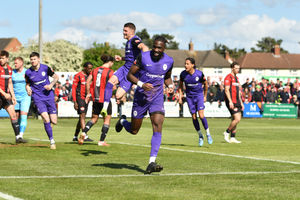 AFC Telford defender Orrin Pendley celebrates after drawing his side level at 1-1. Pic: Kieren Griffin