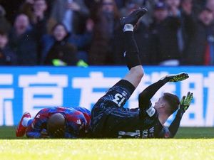 Millwall goalkeeper Liam Roberts after the clash with Crystal Palace’s Jean-Philippe Mateta, with his hands on his head