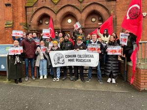 Irish language groups protest outside Culturlann McAdam O Fiaich in west Belfast