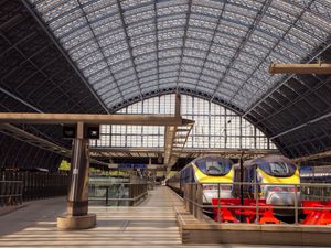 Eurostar trains on the platform at St Pancras International station, London, UK