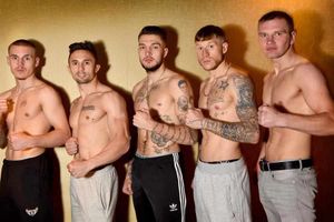 Boxers Sam Evans (from left), Teodor Stefanov, Chad Sugden, Jason Welborn and Vaidas Balciauskas during the weigh in at the Grosvenor Casino in Walsall.