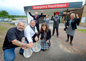 Bakers Richard Colhoun, Sarah Lewis and Rachel Rouse, along with former mayor Stephen Reynolds, director of corporate services Julia Clarke, and cllrs Amrik Jhawar and Shirley Reynolds, celebrate the success of the Telford NHS bake off at Princess Royal Hospital