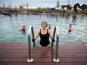 Supporting image for story: Cold water swimmers making a splash in resort’s natural bio pool this winter