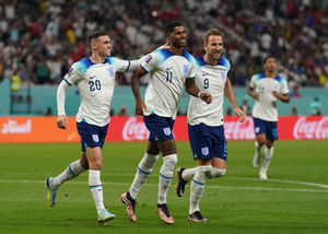 England's Marcus Rashford (centre) celebrates with Phil Foden (left) and Harry Kane after scoring their side's fifth goal of the game during the FIFA World Cup Group B match at the Khalifa International Stadium in Doha, Qatar. Picture date: Monday November 21, 2022. PA Photo. See PA story WORLDCUP England. Photo credit should read: Martin Rickett/PA Wire...RESTRICTIONS: Use subject to restrictions. Editorial use only, no commercial use without prior consent from rights holder..