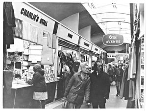 Retail Market, School Street/Salop Street. "Charlie's" wallpaper stall that was taken over by Michael Cartwright. The photograph is looking down Sixth Avenue at the market. October 1971