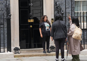 Pooja Kanda,  mother of Ronan Kanda who was killed in 2022, poses for a photograph in front of the door to 10 Downing Street, London, following a knife crime summit hosted by Prime Minister Sir Keir Starmer
