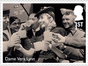One of four stamps in a mini-sheet showing Dame Vera Lynn in different aspects of her wartime career to mark the 80th anniversary of VE Day