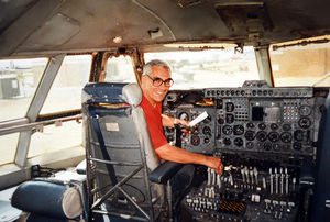 At the controls of a Bristol Freighter at Cosford some years ago