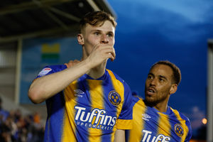 Rob Street of Shrewsbury Town celebrates after scoring a goal to make it 2-0 with Elliott Bennett of Shrewsbury Town (AMA)