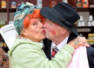 Theresa Smith and Ray 'the spiv' Phillips share a wartime moment at the moment
