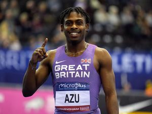 Jeremiah Azu celebrates winning the Men’s 60m Final on day one of the Microplus UK Athletics Indoor Championships at the Utilita Arena Birmingham.