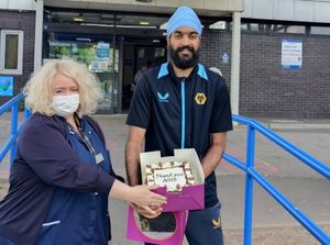 Jeevan Kang with Nikki Farrington, lead specialist nurse bereavement and family support, celebrating his 22nd birthday and International Nurses Day