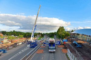 Roads have been closed while a giant crane is assembled to lift a section of Telford’s new bridge in to place
