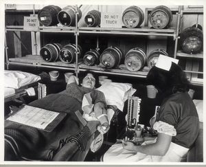 Jill Russell, of Ettingshall Park,at the Wulfrun Hall, Wolverhampton, in June 1978, when a visit by the Blood Transfusion Service clashed with the annual Camra beer festival