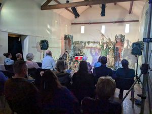 Performance of Binderella October 2024 by the Ragged Storytelling Collective at the Bleddfa Centre, live storytelling with Welsh folk music