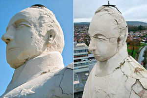 Left: 2010 The Lord Hill Column in Shrewsbury is relatively intact. Right: 2012 Deep cracks have developed following the freezing winters