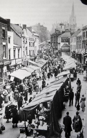 The bustling Walsall market in the 1940s.
