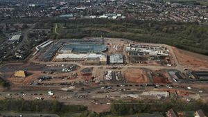 An aerial view of the work at Mill Green showing Eastern Way, bottom, and Lichfield Road, left, which will be closed. Photo: Paul Turner