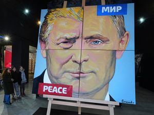 A montage painting of the faces of Donald Trump and Vladimir Putin