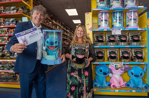 WOW! Stuff president, Richard North, and managing director, Dawn Lavalette, with two of their products at the Smyths Toy Superstore in Watford.