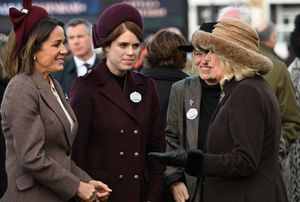 Queen Camilla speaks to Natalie Pinkham and Princess Eugenie ahead of Style Wednesday (Photo by Eddie Mulholland - WPA Pool/Getty Images)