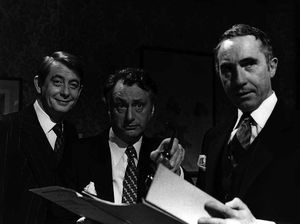 Yes Prime Minister! cast – Derek Fowlds (Bernard), Paul Eddington (Jim Hacker) and Nigel Hawthorne (Humphrey)