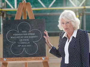 Camilla unveiling the foundation stone for the King Charles III Sacristy